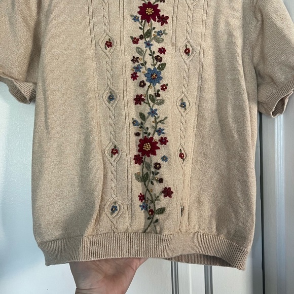Vintage Alfred Dunner Beige Floral Embroidered Knit Top Blouse Cottagecore M/L - Picture 6 of 10